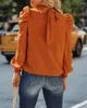 Damenblusen Frühling Sommer Damen Orange Bluse Mode O Neck Lace Up Shirts Lässige Frau Blase Langarm Pullover