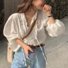 Blouses feminina Flor coreana de decote em V Chic Flor Loose Spring Cotton Ruffle Blouse feminino Manga longa Camisa feminina