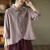 Kadınlar bluzlar 2023 bahar gömlek kadın retro gündelik slim tipi üstler bayanlar dönüş aşağı yaka düğmesi basit vintage bluz