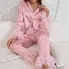 Damen-Nachtwäsche, feste Freizeit-Nachtwäsche, Damen-Robe mit Federn, einreihig, Umlegekragen, Damen-Schlafkleidungsset, Satin-Pyjama-Sets 230321