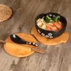 Set di stoviglie Ciotola di noodle di riso in stile giapponese con coperchio Cucchiaio e bacchette Stoviglie da cucina Contenitore per alimenti per zuppa di insalata in ceramica 230320