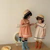 Girl Dresses 2023 Summer Kids Girls Dress Sailor Collar Short Puff Sleeves Apricot Orange Princess Child Navy Style Clothes