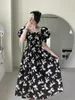 Robes décontractées Corée du Sud Niche Instagram French Bubble Sleeve Jupe taille pincée Black Show Thin Bow Dress Summer
