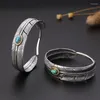 Bangle 925 Sterling Silver Feather Shape Open &Bracelet Thai Bangles Puck Classic Blue Green Stone Jewelry