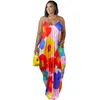 Summer 5XL Maxi Dresses Women Tie Dyed Colorful Printed Suspender Loose Dress Plus Size Women Clothes With Headscarf