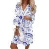 Robes décontractées femmes lâche col en V robe bohème 3/4 manches longues dentelle garniture flowy plage mini