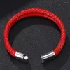 Charme Bracelets Mode Double Couche Rouge Tressé En Cuir Bracelet Hommes À La Mode En Acier Inoxydable Fermoir Magnétique Femmes Poignet Bande Bijoux Cadeaux