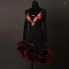 Scenkläder 2023 damer kvinnliga latin danklänning svart röd broderi diamantillträde chacha rumba samba tango flamenco