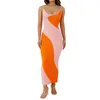 Casual Dresses Womens Knitted Dress Color Patchwork Sleeveless Scoop Neck Strappy Bodycon OnePiece For Ladies S/M/L
