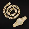 Hanger kettingen hiphop goud kleur ketting horloge armband miami curb cubaanse ketting ijskoud uitgehold steege strass cz bling rapper voor mannen jood