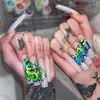 Falska naglar Tryck på med mönster punk stil kista falska långa akryltips lim för droppe