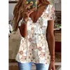 Koszule damskie 2023 Summer Kobiet Fashion Feather Print Faux V-Neck z krótkim rękawem T-shirt