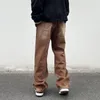 Jeans masculinos Men marrom-homem de moda retro casual de rua larga de pernas largas