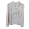 Womens blouse organza bow patched v-neck satin fabric shirt SML