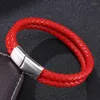 Charme Bracelets Mode Double Couche Rouge Tressé En Cuir Bracelet Hommes À La Mode En Acier Inoxydable Fermoir Magnétique Femmes Poignet Bande Bijoux Cadeaux