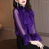 Women's Blouses Women Perspective Purple Lotus Leaf 3D Bowtie Pleated Chiffon Shirts Lace Spliced Blusas Ins Flare Sleeve Crop Tops 2023