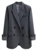 Damenanzüge im koreanischen Stil, grau, Vintage-Blazer, Mantel für Frauen, gekerbt, langärmelig, gestreift, lose beiläufige Oberbekleidung, 2023 Frühling
