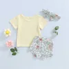 Conjuntos de ropa Conjunto de ropa de tres piezas para niña, cuello redondo, manga corta, camiseta con estampado de mariposa, pantalones cortos con estampado de flores, diadema Z0321