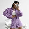 Tracksuits voor dames paarse tweedelig set vrouwen 2022 herfst casual pakken lange mouw afslaan kraag knoppen shirt crop top short shorts outfits p230307