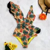 Zwemkleding sexy ruches print bloemen zwempak van de schouder badmode vrouwen solide Deepv strandkleding badpak Monkini 230320