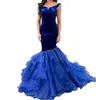 Omuz Dışı Velvet Prom Elbise 2K23 Ruffles Asimetrik Organza Etek Denizkızı Lady Girl Pageant Elbise Resmi Parti Düğün Konuk Kırmızı Capet Pist Siyah-Tie Gala Hoco