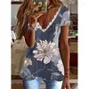 Koszule damskie 2023 Summer Kobiet Fashion Feather Print Faux V-Neck z krótkim rękawem T-shirt