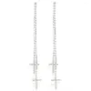 Boucles d'oreilles pendantes brillant strass gland chaîne Double croix pendentif Long cadeau de noël pour les femmes cristal breloque goutte