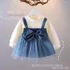 Girl Dresses Autumn Fashion 2023 Blue Baby Clothes Long Sleeve Dress For Girls FakeTwo-piece Child Clothing 2-6 Age