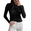 Kvinnors T -skjortor Ruched Long Sleeve Tight Crop Tops för kvinnor Fall Casual Solid Color Slim Fit Oblique Collar Pullover Tee Shirt