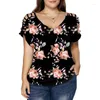 Shirt Summer Women's Plus Size Clothing V-neck Hollow Out Short Sleeve Tunic Tops Printed Tees Casual Loose T-shirt Ladies Tee 3XL 4XL