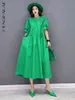 Casual Dresses Shengpalae Green Pleated Dress Women Lose Solid Color Simple Style O-Neck Kort ärm Robe Summer Fashion 5SD203 230321