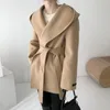 Autumn Winter OL Elegant Women Faux Wool Coats Solid Cardigan Minimalist Hooded Woolen Coat Oversize Outwear with Belt