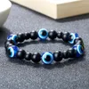 Странд ручной турецкий шарм -шарм Blue Eye Bears Браслеты для женщин Мужчины Черный обсидиан натуральный камень лава эластичный
