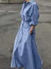 Sukienki swobodne moda kobieta liniowa szata Zanzea solidne klapy vestidos kobiety swobodne sukienki z długim rękawem elegancka sukienka maxi koszulka mokrzy 230321