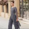 Twee stukken zeemeermin moeder van de bruid jurken chiffon pak broek set set juweel nek lange mouw appliques elegant goedkope plus size moeder jurken avond prom jurken