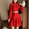 Casual jurken herfst kanten holle bloemen half hoge kraag retro bubble jurk met lange mouwen zoete losse casual rode mantel 230321