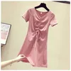 Casual Dresses 2023 Summer Avocado Green Drawstring V-Neck Short Sleeve T-Shirt Mid Length Dress Tight Party Women's Little Black Cotton