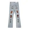 Jeans masculinos para homens Dark Skull Flame Borderyery Slender Punk Men Hip -Hop Lápis Pants Clean Blue