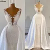 Glamorös spetspärlade sjöjungfru bröllopsklänningar med avtagbart tåg Modig Satin V Neck ärmlösa Vestidos de Novia Arabic Aso Ebi Plus Size Bridal Gowns CL2045