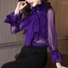 Women's Blouses Women Perspective Purple Lotus Leaf 3D Bowtie Pleated Chiffon Shirts Lace Spliced Blusas Ins Flare Sleeve Crop Tops 2023