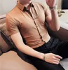 Mens Casual Shirts British Style Summer Lce Silk Short Ssleeves Shirts/male Slim Fit Lapel Stripe Stretch Business Dress 230321