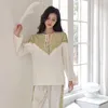 Carpets Spring Green Women Pajamas Set Elegant White Lace Sleep Wear Casual Satin Long Sleeve Trouser Home IAMQ_Qwency