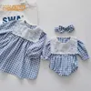 Girl's Dresses Spring Newborn Baby Girls Sister Embroidery Grid Dress Toddler Jumpsuit Baby Clothes Infant Girls Long Sleeve Children Dress