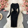 Sukienki swobodne dzianinowe żebro maxi sukienka koreańska elegancka solidna czarna linia Linia długie rękawy seksowne bodycon szlafrok pullover swobodne panie vestidos 230321