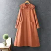 Casual Dresses Autumn Women Dress Japan Style Mori Girl Peter Pan Collar Solid Color Long Sleeve Cotton and Linen Loose Long Dress 230321