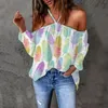 Camicette da donna Halter Cold Shoulder Elegant Top Womens Feather Print Off Ruffles Camicetta Allentato Sexy Oversize Boho Blusas Pullover