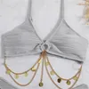 Bikini arrugado con cadenas de Metal para mujer, traje de baño femenino, conjunto de Bikini de dos piezas, bañador, novedad de 2023
