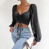 Damen-T-Shirts mit Kordelzug, koreanischer Stil, dünn, V-Ausschnitt, lange Ärmel, Falten, Damenoberteile, High Street, einfarbig, Bluse mit niedrigem Schnitt für Damen