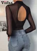 Kvinnor Jumpsuits Rompers Viifaa Stand Collar Seethrough Stands Mesh Transparent Sexig bodysuit Women Spring Long Sleeve Backless Party Night Clubwear 230321