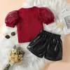 Set di abbigliamento Moda Bambino Neonate Vestiti Completo Maglia manica corta Maglietta Top Fasciatura Pantaloncini in pelle Due pezzi Set di abbigliamento estivo Z0321